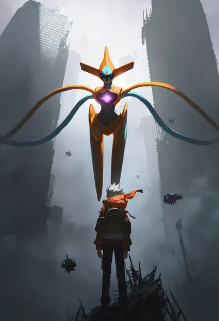 artist:ciloranko,artist:modare,artist:diyokama, astero, scenery, pokemon \(creature\),
best quality, amazing quality, very aesthetic, absurdres, best quality, masterpiece, newest,
deoxys, floating,
1boy, grey hair, spiked hair, backpack, building, fog, from behind, orange jacket, outdoors, ruins, floating ruins, standing, grey theme, Cinematic Lighting, light particles,   <lora:AsteroNoob_byKonan:1>