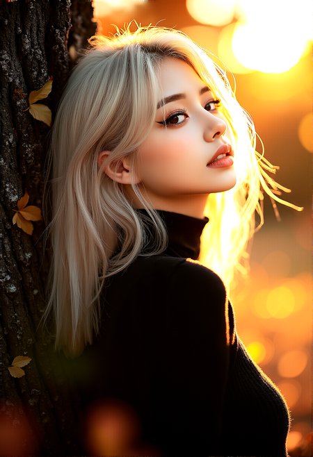 photorealistic, A woman in her 20s, platinum blonde hair, long eyelashes, thick eyelashes, makeup, glamourous, interesting black eyeliner, autumn attire, park scene, golden hour, serene expression, detailed facial features, warm smile, cozy clothing, autumn leaves, setting sun, warm, golden lighting, intricate fabric details, gentle breeze, peaceful atmosphere, ultra-high resolution, natural skin tone, light makeup, autumn hues, wide shot, medium shot, close-up, low-angle shot, high-angle shot, side profile, standing pose, walking through park, hair flowing in breeze, blurred autumn background, hyper-detailed environment, warm glow, tranquil park scene, falling leaves, balanced composition, dynamic stance, fluid motion, emotional connection, serene mood, background focus

The woman is leaning casually against a large, textured tree trunk, with one foot crossed over the other. She’s looking off into the distance with a soft smile, her hair cascading down over her shoulder, gently tousled by the breeze.

cinematic lighting, extremely intricate detail character, accurate depiction of character, correct body anatomy,correct hands and fingers, extremely intricate skin and facial texture detail, intricate black bodysuit design,lifelike potrayal, extrememly realistic lighting, extreme dynamic pose 

 












