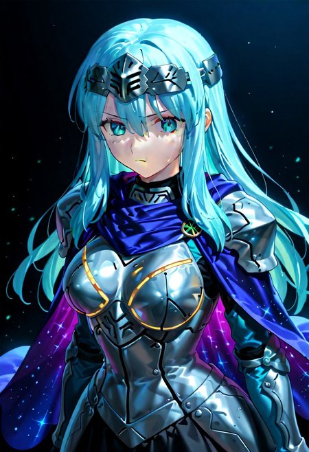 score_9, score_8_up, score_7_up, ((solo)), calm, pout, closed mouth, 1girl, solo, (medium breasts, thin waist, wide hips), peaceful, closed mouth, adult, (((eirika face))), (((cyan hair, cyan eyes))), ((long hair, hair between eyes)), (((indigo cape, metal headband, green metal_uniform, metal breast_armor))), no background, dark background, cowboy shot, dark background, portrait, Expressiveh,