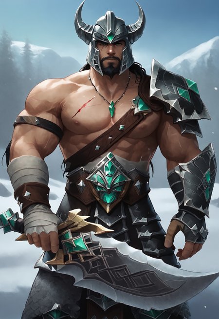 safe_pos, safe_pos, safe_pos, score_9, score_8_up, rating_nsfw, ultra hd, absurdres, best quality, best aesthetic, masculine, solo, 1boy, male focus, perfect proportions, erotic, mature male,

LeagueTryndamere, muscular, helmet, facial hair, armor, pectorals, beard, scar, armor, shoulder armor, WolfConF, snowy background, Expressiveh, green eyes, looking at viewer, holding sword, weapon, blood