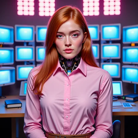 analog photo, 35mm,  full body shot, front facing view,  <lora:jialissa-ultimatev2:0.9> <lora:pasteBot02FL:0.7> futuristic, pink, blue, ajpasbot, mechanical, a beautiful mechanical redhead woman with a full robotic body, ultra quality, ultra detailed, ultra realistic, she's in a futuristic tech base with floating holographic monitors, full shirt, long sleeved shirt, high neck, collared shirt
