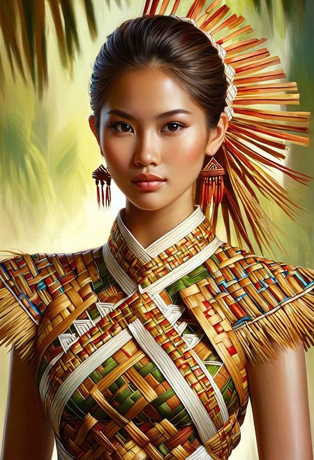 A hyper-realistic portrait of a single girl, focusing on her upper body, adorned in a ketupat-inspired outfit, with intricate woven patterns and earthy tones, set against a soft, natural light background, with a shallow depth of field, emphasizing the texture and details of the traditional Malaysian clothing, in the style of a high-fashion digital painting, with vivid colors and subtle shadows, capturing the essence of cultural heritage with modern elegance.