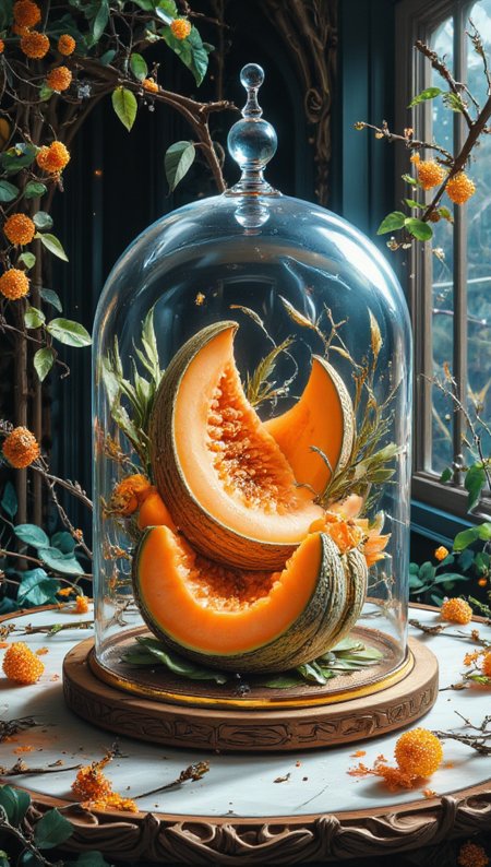 masterpiece, 4k, 8k, sharp, a Transparent glass cloche  with a juicy Cantaloupe inside. the light is cinematic. the style is contrasted, and cartoonish, 
detailmaximizer, Midjourney_Whisper <lora:[Flux1]_flux_vividizer:0.3> <lora:[Flux1]_scenery_lora_comfy_converted:0.8> <lora:[Flux1]_Opal_Fantasy_Flux:0.5> <lora:[Flux1]_aidmaPsychadelicChaosWorld-FLUX-v0.1:0.3> <lora:[Flux1]_aidmaImageUpgrader-FLUX-V0.1:0.7> <lora:[Flux1]_midjourney_whisper_flux_lora_v01:0.6> <lora:[Flux1]_SXZ_Nixeu_Flux:0.5> <lora:[Flux1]_Painted_World_Flux_V2:0.1> <lora:[Flux1]_ccc:0.2>