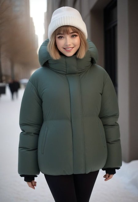 (quilted down coat:1.4), (quilted puffer coat:1.4), (quilted winter clothes:1.4), (puffer hood up:1.4), (down hood up:1.4), (very snowing, very cold:1.4), (full body, ankle winter boots:1.4), (city, street, winter, snow:1.4), (snowing clothes:1.4), walking, daytime, sun, sunlight, (leggings:1.4), thigh boots, green eyes, tsurime, blonde hair, streaked hair, medium hair, light smile, straight hair, dyed bangs, sidelocks, beanie, eyelashes, eyeliner, masterpiece, high quality, best quality, beautiful lighting, realistic lighting, beautiful eyes, beautiful hair, beautiful face, detailed face, high quality face, realistic background, detailed background, (hands behind back:1.5), (from front:1.5), cuffs, collar, (Thick padded cuffs:1.4), (Thick padded collar:1.4), <lora:Collar-SDXL:0.75>, <lora:Cuffs-SDXL:0.75>, <lora:fashion_lora:0.6>