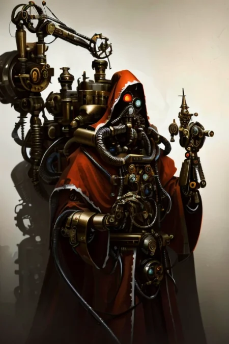 ((masterpiece,best quality)), absurdres, mechanical arms, dull orange robes, hood, (techpriest), cyborg, mechanical face, (VictorianPunkAI)