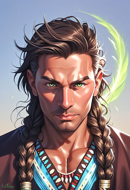 score_9, score_8_up, score_7_up, close up,  <lora:neonifr:0.8> dispersion effect, wind energy, green light aura, fragments dispersing, radiating air flow, glowing, luminous, wind-like texture, tornado, neonifr
BREAK
adult male Native American. Handsome men, tan skin. Bright green-hazel eyes. Very long black hair, multiple braids with feathers and beads. Boho braids. Sci-Fi native american clothes. 
BREAK, full body portrait, looking at camera, photorealism,