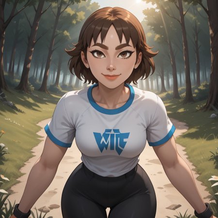 score_9, score_8, BREAK, solo, wii, mii, wii sports, 1girl, female mii, brown hair, brown eyebrows, brown eyes, lips, black clothing, black pants, sneakers, Susana_(Wii_Sports), nintendo mii, modern_mii, classic_mii, breasts, cute, sexy pose, smile, outdoors, sunlight, shadows, evening lighting, natural lighting, forest, trees, grass, orange sky, sunset