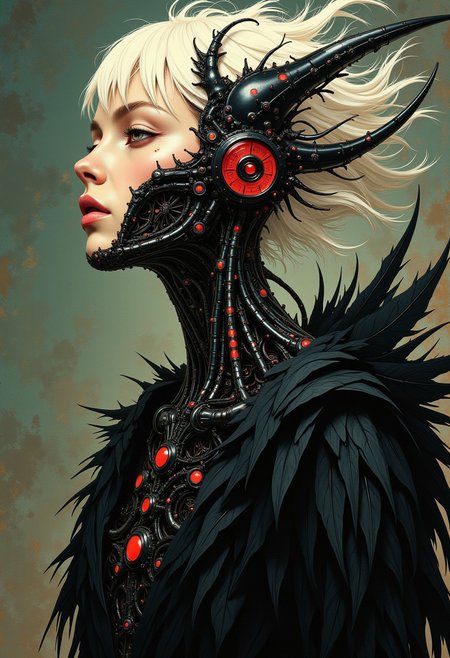 oil art, very detailed analog photo, atmospheric lighting and epic,(((faded colors))), fine grain, by Satoshi Kon, White glowing hair,  Portrait of a  female with no Face and no eyes, billowing hair, and billowing feathered cloak, The  female's  head is adorned with a living, biomechanical crown that curves symmetrically backward. This ornate headdress is composed of glossy black exoskeleton-like segments, each topped with a bright red sphere that creates a hypnotic pattern of black and red. Similar biomechanical structures extend down the creature's neck and chest, forming an intricate organic necklace. neon and black colored, mysterious, abstract and surreal, organic background,medium breasted, high tech bra, Half-Turn Rear View,