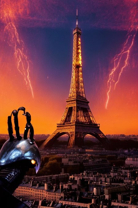 A photo of a futuristic setting, aliens, war, one Tour Eiffel, fire, sky