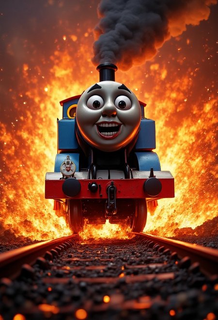 "Hyper-realistic, crystal-clear image of Thomas the Tank Engine screaming in agony as he hurtles down a train track at breakneck speed, engulfed in a massive inferno with flames licking at his metal body. His face contorted in a mixture of pain and terror, Thomas's eyes bulge from their sockets as he careens towards a swirling portal of darkness, the entrance to the depths of hell. Sparks erupt from the scorching hot wheels as they scrape against the tracks, sending showers of molten metal and embers flying in all directions. The surrounding environment is a blur of speed and chaos, with the train's metal body glowing red-hot and smoke billowing behind. Every detail is meticulously rendered, from the rivets on Thomas's body to the texture of the flames, creating a sense of intense, heart-stopping action." (Highest quality masterpiece in HDR)