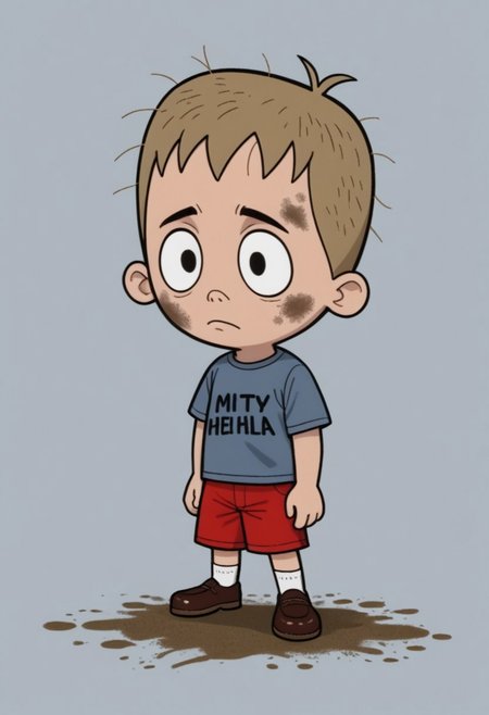Solo, one character, 
1boy, MikeBelieve, small body, large round head, dirty blonde hair, black eyes, point nose, gray-blue shirt with an O, red shorts, white socks, brown shoes