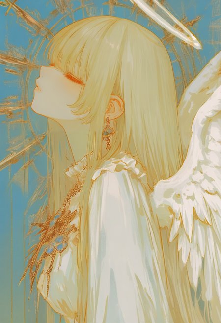 1girl, solo, halo, wings, long hair, angel wings, earrings, angel, jewelry, upper body, closed eyes, feathered wings, dress, bangs, blonde hair, from side <lora:748cmXL_NB11_lokr_V6311P:0.95>
