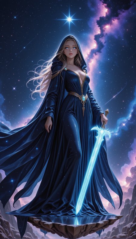 masterpiece, best quality, amazing quality, very aesthetic, absurdres, detailed eyes, newest, realistic, pinkenchantedmj, <lora:PinkieEnchantedMJIL:0.8>, 
1girl, flowing robes, glowing starlight sword, floating platform, nebula background, celestial, fantasy,