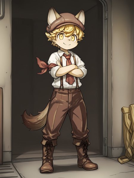 masterpiece, best quality, (absurdres), (highest quality), amazing quality, very aesthetic, no humans,
BREAK, <lora:Malt_Marzipan:1>, malt marzipan, fuga: melodies of steel, young male, 1boy, animal ears, yellow eyes, blonde hair, tail,
BREAK, boots, brown pants, suspenders, shirt, necktie, hat,
BREAK, solo, full body, standing, smile, looking at viewer, arms crossed,