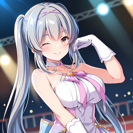 [high quality, best quality], [cinematic],1girl,solo,tendorui,(high pigtails),TRui idolcostume,looking at viewer,high heel boots,white glove,on stage ,depth of field, bokeh, bloom, hdr, Smiling with eye closed, deep in thought,blush,pink underwear,,singing, large breasts,outdoor,cinematic_angle, <lora:TRUI2:0.71>