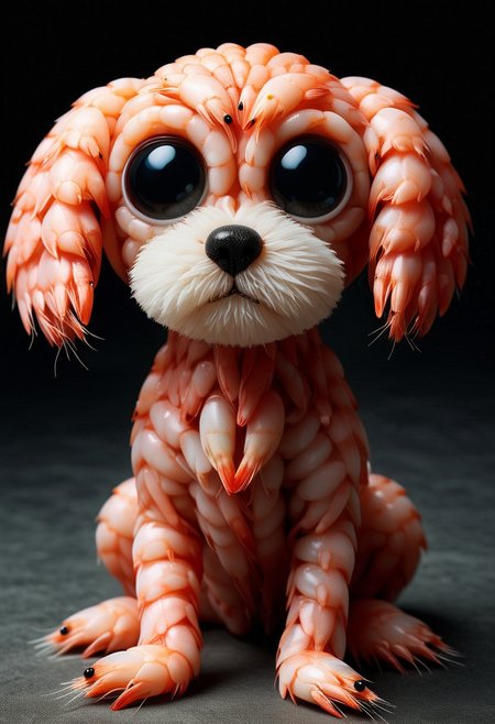 5HR1MP5, a cute dog is made of shrimps, detailed face, (big eyes:0.9), detailed eyes, (long eye lashes, ,Masterpiece,best quality, raw photo, realistic, very aesthetic