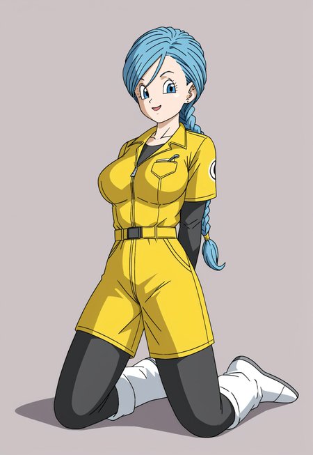 safe_pos, 
score_9, score_8_up, masterpiece, stunning realistic, best quality, sharpness, easynegative, ng_deepnegative_v1_75t, negative_hand,perfect hands,perfect fingers,1 girl,large breasts,yellow jumpsuit, black undershirt, short over long sleeves, layered sleeves ,bulma,(braided hair:1),(very long hair:1),( slick back:1), blue eyes, blue hair,kneeling,(arms behind back;1)