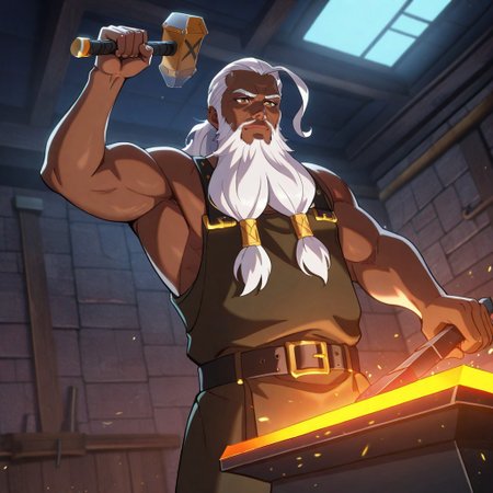 masterpiece, best quality, newest, absurdres, highres,  anime, anime style, Smithing-IL.V1.1, hammer, holding, holding hammer, holding weapon, weapon, 1boy, dark skin, dark-skinned male, white hair, beard, facial hair, SmithingV1, hammer, holding, holding hammer, holding weapon, weapon,