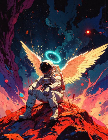lone astronaut sitting on the surface of Mars, wearing a detailed vintage spacesuit. A glowing neon cyan halo hovers above their helmet, and angel wings emerges from their back. The scene is lit with cinematic lighting. Sci-fi realism ,  and retro-futuristic aesthetics, multiple references, magic particles, CharacterDesignFLUX, from side,