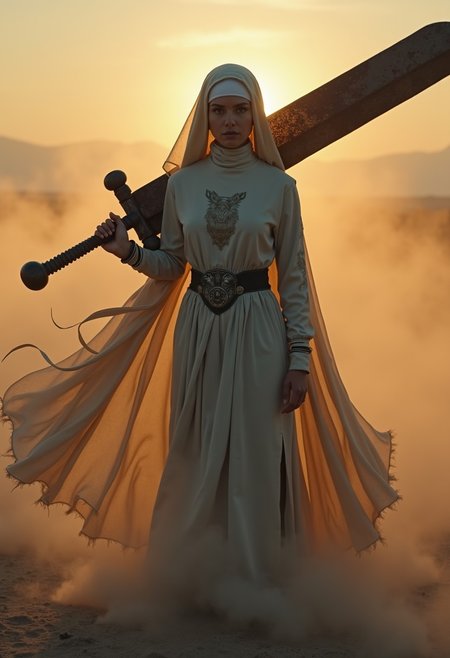 A powerful nun wielding a massive, old, and rusty sword resembling the iconic one from Final Fantasy. The scene is set during an eerie sundawn, where swirling dust and wind cause her translucent nun's habit to billow dramatically. The setting evokes a sense of mystique and tension. The nun stands tall, the rusted sword adding a gritty, ominous vibe. The sun's orange and gray hues blend into the sky as her tattered habit flutters. The atmosphere is cinematic, with hyper-realistic detail, soft shadows, and an intense, otherworldly mood in a desolate desert landscape. Moody Closeup Portrait, feudal Silk Road style, amazing quality, masterpiece, best quality, hyper detailed, ultra detailed, UHD, dof, hyper-realism, majestic, awesome, inspiring, A gritty Grindhouse film still inspired by "Death Proof": A muscular, athletic woman stands in the wind of a dusty desert in front of a Large fresh grave. Her torn metal print t-shirt and nun's habit glowing dress flap in the breeze. She holds an old, impressively large weapon in her hand, exuding a laid-back yet dangerous vibe. The photo features faded colors, with a limited palette of gray, beige, and washed-out orange, capturing her cool, striking appearance.. cinematic composition, soft shadows, national geographic style,
Hide