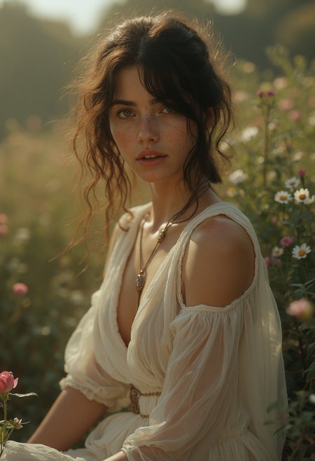 cinematic film still fantasy art, woman , young roman goddess flora, delicate natural beauty. She has soft slightly messy dark hair that frames her face with loose strands ,casual carefree charm, light freckles across her cheeks and nose, youthful and endearing ,  A light flowing tunic made of sheer soft fabric, slim white body, pale skin, curvy body, athletic body, blush, slim waist, seductive image, serene smile, untouched beauty, clear, lively, detailed face, upper body accent, realistic, ,sfw, surrounded by blooming flowers and vines, sitting gracefully, ethereal light, background of a lush, enchanted meadow, beautiful goddess of spring
vibrant, hdr, Italian
<lora:flux.1_lora_flyway_Epic-detail_v2:0.65>   <lora:ARTifacts:0.5> art1fact . shallow depth of field, vignette, highly detailed, high budget, bokeh, cinemascope, moody, epic, gorgeous, film grain, grainy