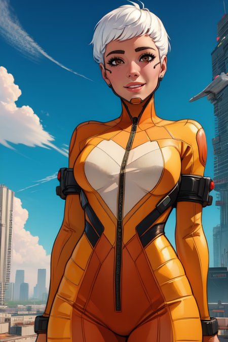 Valk, white hair, short hair, brown eyes, 
orange bodysuit,  
smile,   tight, 
 upper body,  standing,    cowboy shot, 
 outside, clouds,  cyberpunk,  airbase, 
 (insanely detailed, beautiful detailed face, masterpiece, best quality) solo,  <lora:ValkAPL:0.7>