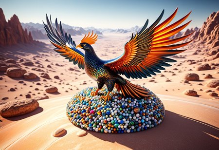 lazypos, made of marbles, exotic and primordial scenery on a distant world, a phoenix flying