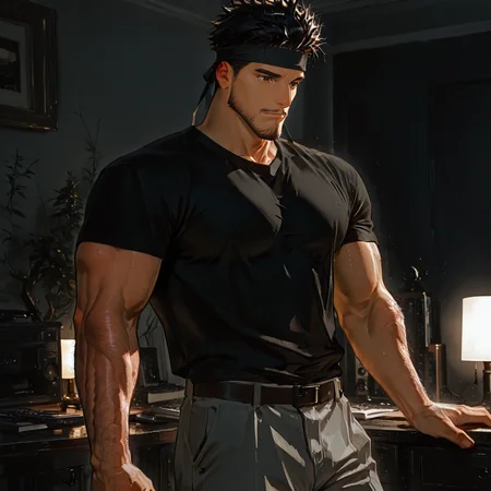 <lora:Amir_Etta_Junior-000005:.75>, amirrama, 1boy, black hair, spiked hair, brown eyes, facial hair, headband, solo, male focus, manly, mature male, shirt, pants
cowboy shot, 
(very short hair), male focus, muscular male, large pectorals, muscular male, bara, mature, (hairy body, hairy, body hair, arm hair, leg hair, hairy body, glossy skin, bara, mature, facial hair, beard, full beard, sideburn, mustache, stubble), facial hair, bara, mature, body hair, aixiwuganda_(20222192), very awa, masterpiece, best quality, absurdres, newest, perfect quality, detailed background, intricate details,<lora:slider_Body Type_alpha1.0_rank4_noxattn_last:2><lora:Anime Summer Days 2 Style SDXL_LoRA_Pony Diffusion V6 XL:.6><lora:merged:.7>, DARK, DARK BACKGROUND, LOW-KEY LIGHTING <lora:slider_cfg_scale_boost:.7><lora:Artist6p:.55>, Artist6p, Artist04p,<lora:slider_il_brightness_slider_d1:-.5><lora:slider_il_contrast_slider_d1:-.25>,<lora:slider_contract_controller_illus01_v1:.3>, <lora:addon_illustriousXLv01_stabilizer_v1.121:.5>,<lora:slider_DarkSlider1.2_alpha1.0_rank16_full_300steps:-.2><lora:Heavenly_Beauty_r1:1>, (heavenlybeauty,)<lora:slider_style_strength_controller_illus01_v1:.25>