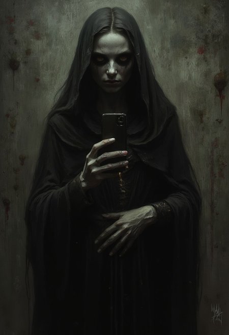 Full length view. Selfie from hell. sinful soul. Zhgnshina, a dark, gloomy creepy character, a sinful soul, unimaginable horror in her eyes. A muted palette and dry brush technique that creates a nightmare feeling in the style of Andrew Wyeth, Mark Powell, Keith Thompson, Zdzislaw Beksiński, Wayne Barlow, Dariusz Zawadzki, Aykut Aydoğdu, dark theme, otherworldly theme, deviant art masterpiece, dark illustration, exceptional quality, extremely detailed, super detailed face, despair, dark dark scary. photorealism, ultra-detailed