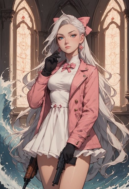 Expressiveh, score_9, score_8_up, score_7_up, masterpiece, best quality, good quality, very aesthetic, absurdres, newest,  carlotta (wuthering waves), wuthering waves, 1girl, ahoge, black gloves, blue eyes, bow, breasts, closed mouth, dress, earrings, gloves, gun, hair bow, hand up, holding, holding gun, holding weapon, indoors, jacket, jewelry, long hair, looking at viewer, medium breasts, parted bangs, pink bow, pink jacket, rifle, short dress, solo, thighs, very long hair, weapon, white dress, white hair