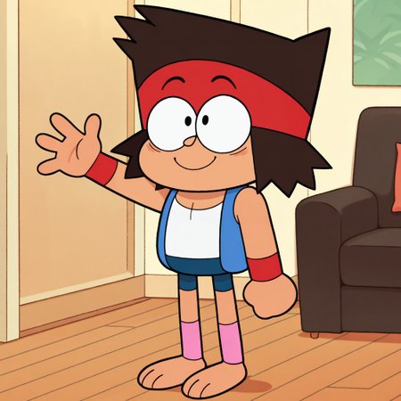 masterpiece, best quality, amazing quality, kaiok, male, human, young, solo, tan skin, brown hair, black eyes, barefoot, short, red headband, red wristbands, blue sleeveless jacket, white tank top, blue shorts, pink legwarmers, standing, smile, waving hi, indoors living room