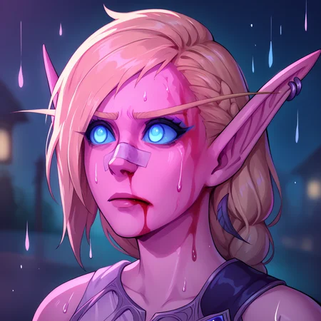 score_9, score_8_up, score_7_up, BREAK
1girl, alleria, blonde hair, braid, long hair, blue eyes, blue sclera, earrings, elf, no pupils, pointy ears,
portrait, blood on face, bandaid on nose,blurry background, pink lighting, night, dark, pink theme, rain     <lora:YouLookLonelyXL_byKonan:1> <lora:AlleriaXL_byKonan:1>