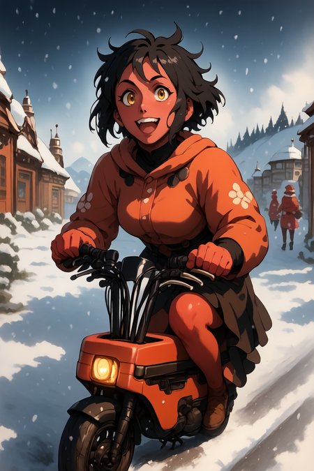 red skin, black hair, yellow eyes, happy, cheerful.  <lora:RD-MAnon-XLV1.1:1>, inf front of a café looking out over a artic snow field, ((motocompo)), solo, standing, behind  <lora:motocompo_detailed:1.5> ground vehicle, riding motocompo, , source_anime, score_9_up, score_7_up, score_8_up