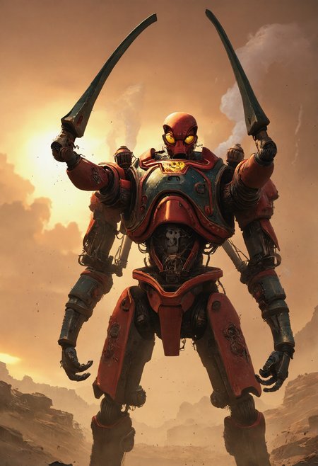 ,photorealistic imagery,
mech-arachnid-man-warrior, standing tall with 8 large mechanical tendrils ending in sharp claws extended from his back, each one grasping a different object such as abandoned machinery, debris, or scraps of metal, 8 arms flexed and posed in a powerful stance, red and black armor plating covering most of his body, yellow glowing accents on his eyes and joints, white smoke billowing from the wasteland below, Martian dust devils swirling around his feet, cliff edge crumbling away beneath him, overlooking a desolate futuristic cityscape with ruins of skyscrapers, twisted metal beams, and charred buildings, orange-red sunset glow casting long shadows across the barren landscape, atmospheric haze of toxic pollutants hanging low over the ravaged terrain, warm golden light illuminating the mech's metallic surface, high contrast between bright highlights and deep shadows, gritty texture and worn edges giving a sense of aged, battle-worn machinery, dramatic perspective emphasizing the vastness of the desolate waste