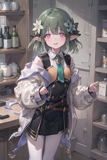 masterpiece,best quality,1girl, solo, pointy ears, pink eyes, hair ornament, green hair, hair flower


 <lora:Castelle:0.8>