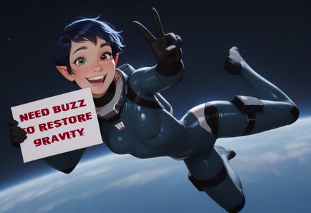 masterpiece,best quality,amazing quality,newest, absurdres, highres, detailed eyes, beautiful, perfect eyes, finely detailed face, very aesthetic, DISNEY_ANIMATION, incoth, (incase:0.6), (depth of field),
1girl, solo,
dark blue hair, pixie cut, heterochromia, green eye, brown eye, black eyebrows, freckles, (pointy ears:1.1), cute face, beautiful, slim, small breasts, 
thigh space suit, folding sign, v,
floating, happy, big smile,
dynamic pose, 
space station,