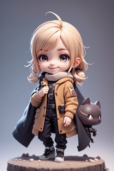 (masterpiece),(best quality),(ultra-detailed), (full body:1.2), 1boy,chibi, smile,(beautiful detailed face), (beautiful detailed eyes), (Simple and clean style_1.5), tactical vest, long overcoat, ballistic gear, black gear, (brown sweater),

 <lora:blindbox_V1Mix:1> ,