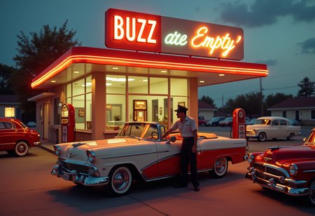 A vintage 1950s gas station at twilight, with many classic cars parked by the pumps. The neon signs glow warmly reads "BUZZ are Empty ", creating a nostalgic atmosphere. A friendly attendant in a uniform with a peaked cap is cleaning the windshield of a sleek, two-toned convertible while a jukebox inside the station plays rock 'n' roll hits.