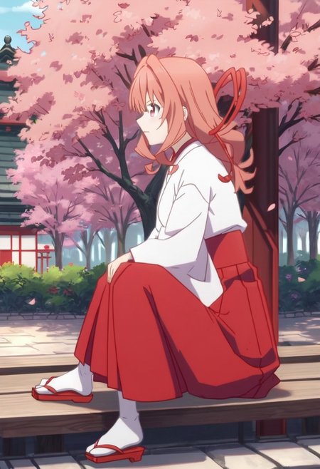 score_9, score_8_up, score_8, day, shrine background, spring, cherry trees, 1girl, amagami, pink_eyes, pink_hair, long_hair, hair_intakes, red_ribbon, hair_ribbon, japanese_clothes, hakui, hakama_skirt, red_hakama, geta sandals, tabi socks, looking forward, sitting on a bench in a shrine,