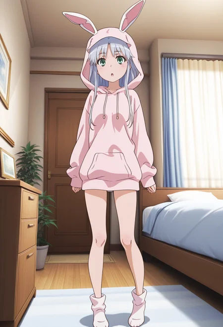 newest, masterpiece, best quality, 4k,
indoors,bedroom, very aesthetic, detailed background, full body,
1girl, solo,   <lora:Index:1> 1ndex, index (toaru majutsu no index), grey hair, long hair, green eyes,pink hoodie, hood up, fake animal ears, rabbit ears,looking at viewer, :O