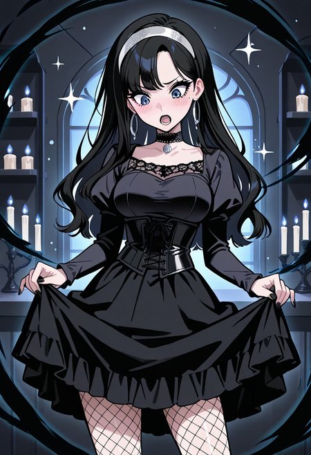 score_9, score_8_up, score_7_up, Sensitive rating, urban setting, intricate colors, Flat vector, illustration, 
1female, solo, Gothic woman, (pale skin:0.7). smooth skin, goth cosmetics., blue eye color, black lipstick, black fingernails, black Eye shadow, eyelashes, furrowed brow, mole_under_eye, hoop_earring, lip piercing, choker, looking down, looking at self, (embarrassed and surprised), open mouth, head tilted, tilted to the side, skirt hold, contrapposto,
Black hair, long hair, curls in hair, no bang,
Silver hairband, Black Long_Sleeves Dress, black corset, fishnet pantyhose, Medium breasts, constricted waist, curves,
cellar background, candles, limited light, masterpiece, best shadow, sharp focus, sparkle, shiny particles, erosmagicaura, (black magic aura),