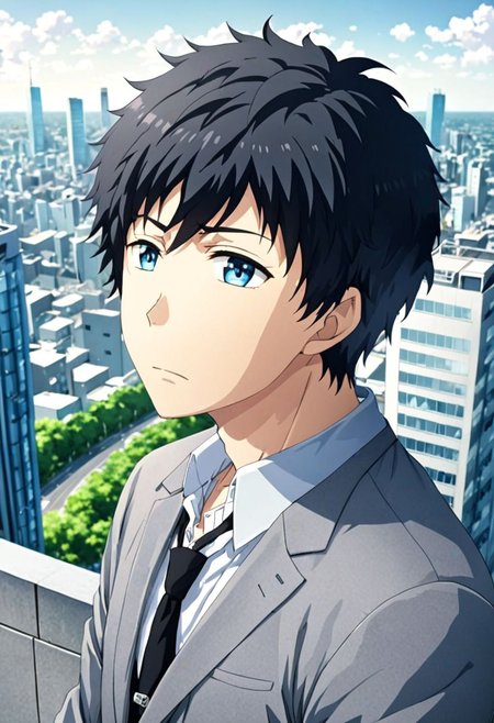 high resolution, solo, best quality, 1Boy, Arata Kaizaki, Black Hair, Blue Eyes, high-rise, top of building, landscape, shallow depth of field, OverallDetail