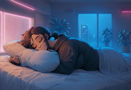 score_9,score_8_up,score_7_up,score_6_up, 1girl, 
 sleeping in bed next to a large window, eyes closed, sleeping, steaming coffee cup on windowsill, wearing croptop hoodie, black croptop hoodie, long hair, black hair, low ponytail hairstyle, head resting on pillow, laying on the bed, hoodie, plants on the windowsill,  facing viewer,  tidy bedroom, small room, cramped bedroom, teddies on the bed,, wearing legging, see through thights, black tights, cyberpunk city view out of the window, neon light, purple neon lights,