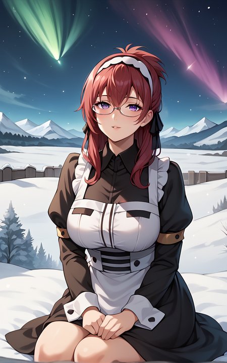 score_9, score_8_up, score_7_up, BREAK 
MaidOutfit_LiliaGreyrat_ownwaifu, 
1girl, folded ponytail, glasses, hair between eyes, hairband, long hair, purple eyes, red hair, semi-rimless eyewear, sidelocks, under-rim eyewear, white hairband, bangs, hair ribbon, large breasts, mature female,
black dress, collared shirt, juliet sleeves, long dress, puffy sleeves, white apron, long sleeves, maid, maid apron, black ribbon, black sleeves,
(sitting, looking up), aurora, shooting star,  star \(sky\), winter, snow, night, scenery, outdoors,  <lora:PONYXL_MushokuTensei_LiliaGreyrat_ownwaifu:0.75> , depth of field, solo,