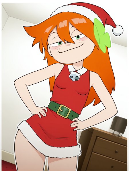 masterpiece, best quality, amazing quality, very aesthetic, absurdres, newest, solo, WahaZYN, 1girl, solo, green eyes, small breasts, hair ornament, hair flower, sharp teeth, freckles, long hair, orange hair, (Santa hat, Santa dress, belt, high heels), cowboy shot, looking at viewer, beautiful, ((beautiful face, beautiful eyes)),  huge_breasts, Wide Hips, Big thighs, standing,(smile, dutch angle, Hands on hips,naughty pose, looking at viewer, indoors, elegant room, solo, dynamic pose, full_body, head tilt,),((white background, White frame, white outline))