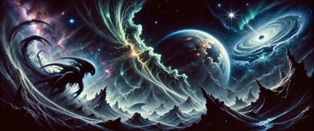 fractal art, the "vicious narglewhacker" is a bizarre electromagnetic creature flying gracefully through auroras and intense magnetic fields in the enforbled atmosphere of the gas giant "spockward viii", where it navigates using its own bio-magnetic receptors and feeds on charged particles and vassled plingzockle in the dense cinderblurted atmosphere, extremely detailed and intricate background, nebula sky, spiral galaxy in the background, james webb space telescope, highly detailed masterwork fantasy oil painting in the style of frank frazetta, <lora:james_webb_space_telescope-flux-by_motimalu:0.44> <lora:style-frank_frazetta-v2-flux-by_darmox:0.64> <lora:style-veil_of_darkness-flux-by_donmischo:0.68> <lora:style-fantastic_landscapes-flux-by_artifyai:0.4> <lora:image_enhancer-flux-by_dever:0.8>