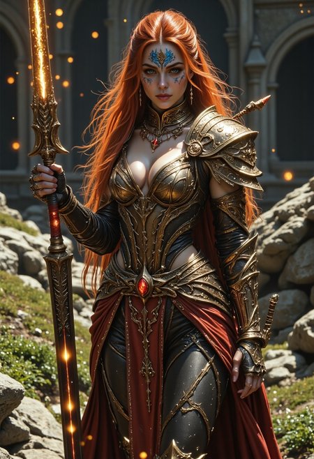 a sexy beautiful barbarian sorceress, she has bright red hair. she body is athletic and has slender thighs. she has armor. she has a fire black longsword and a dagger. she blue warrior face paint. she is in a grassy highlands with big boulders in the background similar to scotland. hkmagic. Fanmytwor style holy armor
