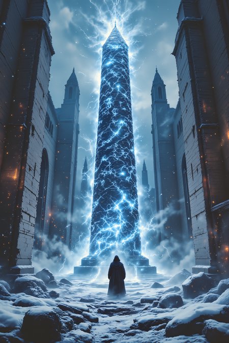 Amidst the frozen ruins of a cathedral lost to time, a warlock in ragged robes stares at a massive, ice-entombed obelisk covered in glowing runes. The symbols flicker like embers trapped in frost, radiating a cold light that dances across the snow-covered ground. Jagged icicles hang from the broken stone arches above, refracting the eerie glow into fractured rainbows that shatter against the darkness. The warlockâs breath curls in the air, mixing with the mist that drifts lazily across the frozen graveyard surrounding the ruins. In the distance, the skeletal remains of long-forgotten warriors are half-buried in the ice, their rusted weapons still clutched in frozen fingers. A low, humming sound vibrates through the obelisk, making the warlockâs bones ache with an unnatural resonance. As they step closer, their own reflection appears in the iceâexcept the reflection moves slightly out of sync, whispering silent words the warlock cannot hear. The runes shift, rearranging themselves as though acknowledging the presence of a living witness after centuries of solitude. A single, new rune flares to life at the base of the obelisk, its meaning clear despite its alien script: âTurn Back.â , detailed background  Fantastic lighting. Detailed shadows.intricate details, vivid colors, hyper-detailed, ultra-sharp, , , <lora:OBInstant camera portrait photography V2.0:1.0>, <lora:Dark side of light:0.55>, <lora:aidmaFLUXPro1.1-FLUX-v0.3:1.0>, <lora:Glitchcore_Flux:0.8>,
