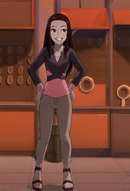 Liz Allan, Dark-skinned female, brown hair, long hair, brown eyes, casual wear, black jacket, pink shirt, necklace, tan pants, sandals, standing, ourdoors, hands on hip, smile, 1girl, solo