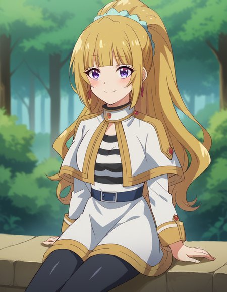 score_9, score_8_up, score_7_up, source_anime, keikaruizawa, <lora:kei-karuizawa-anime-s2-ponyxl-lora-nochekaiser:1>, kei karuizawa, long hair, bangs, blunt bangs, purple eyes, blonde hair, hair ornament, ponytail, scrunchie, blue scrunchie, medium breasts,, <lora:frieren-cosplay-ponyxl-lora-nochekaiser:1>, frieren cosplay, frieren (cosplay), shirt, long sleeves, jewelry, pantyhose, earrings, striped, black pantyhose, capelet, striped shirt, skirt, white skirt,, forest, sitting, smile, blush, cowboy shot, looking at viewer
